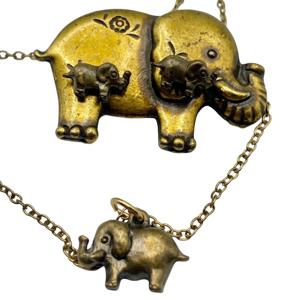 Vtg Gold Tone Elephant Mother Baby Brooch Pendant Necklace Earring Jewelry Set